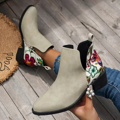 Blumenmuster Stiefeletten mit Patchwork-Reißverschluss und spitzem Zehenbereich