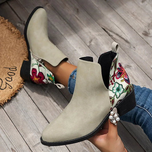 Blumenmuster Stiefeletten mit Patchwork-Reißverschluss und spitzem Zehenbereich