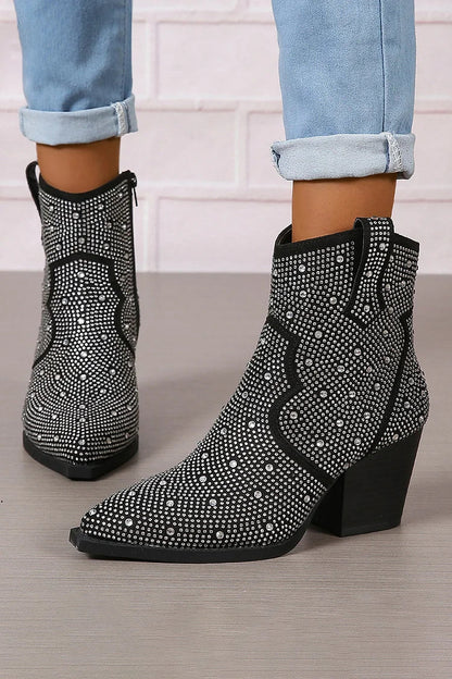Stiefeletten mit Strassverzierungen, Patchwork-Reißverschluss und spitzem Zehenbereich