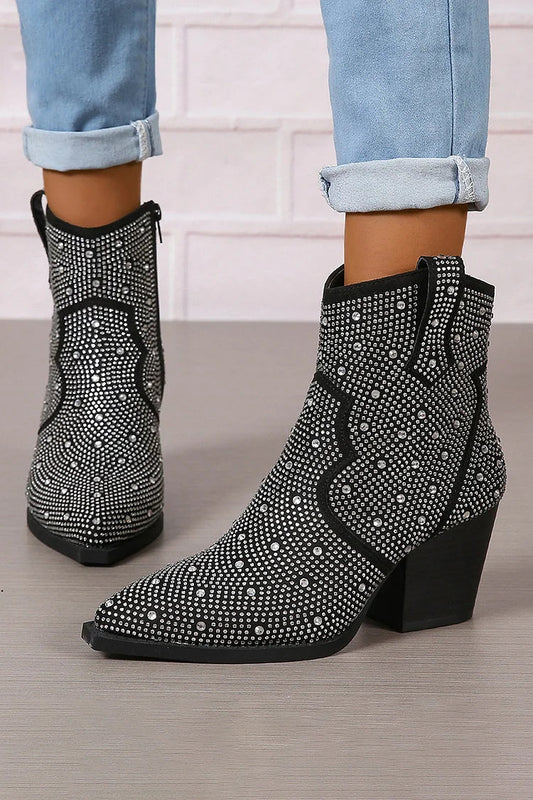 Stiefeletten mit Strassverzierungen, Patchwork-Reißverschluss und spitzem Zehenbereich