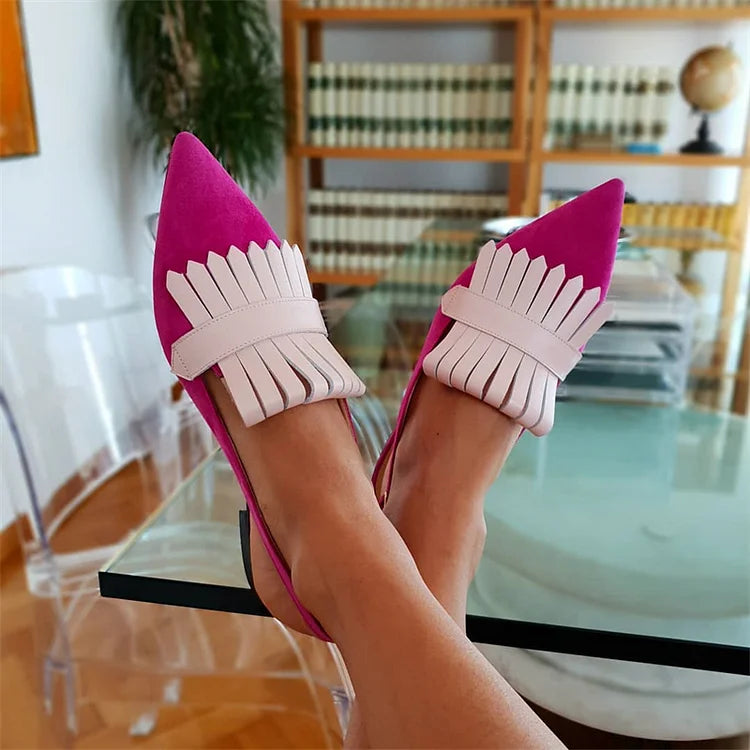Retro-Slingback-Flats mit Fransen und spitzem Zehenbereich
