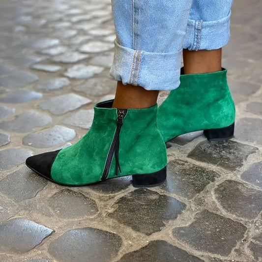 Grüne Farbblock-Stiefeletten mit spitzer Zehenpartie und niedrigem Blockabsatz [Vorbestellung]