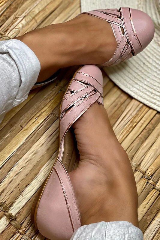 Rosa Ballerinas mit gekreuzten Riemen und schimmerndem Metallic-Rand