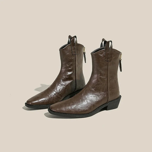 Einfarbige Stiefeletten mit quadratischer Zehenpartie, Patchwork-Reißverschluss und robustem Absatz
