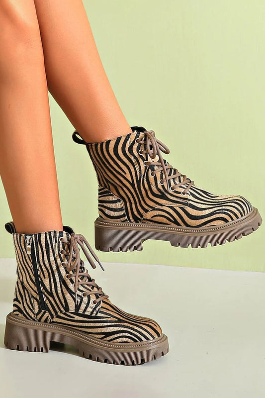 Zebramuster Schnür-Stiefeletten mit runder Zehenpartie im Patchwork-Design