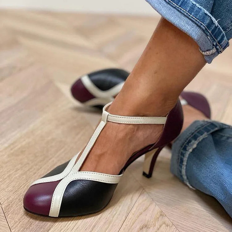 Elegante T-Riemchen Stiletto-Pumps mit Kontrastfarben und Blockabsatz