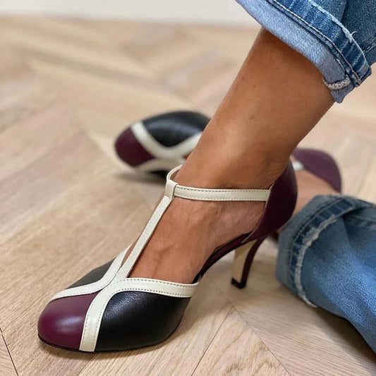 Elegante T-Riemchen Stiletto-Pumps mit Kontrastfarben und Blockabsatz