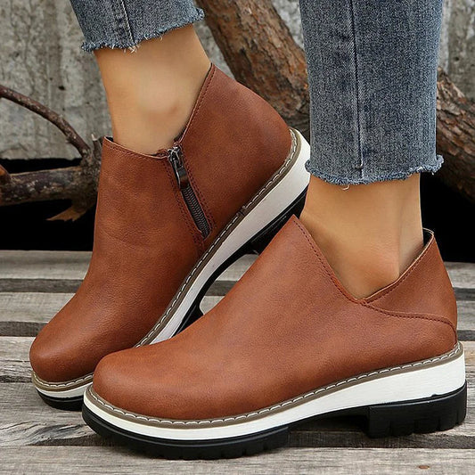 Patchwork-Ankle Boots mit runder Zehenpartie, klobigem Absatz und Reißverschluss – Lässige Stiefeletten