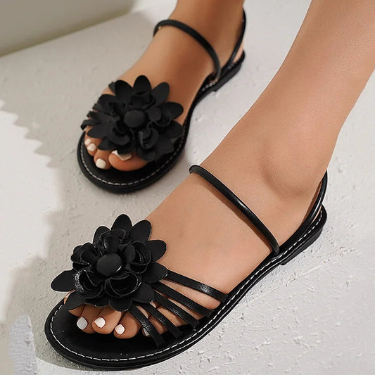 Schlichte, lässige Riemchensandalen mit 3D-Blumen und Strasssteinen