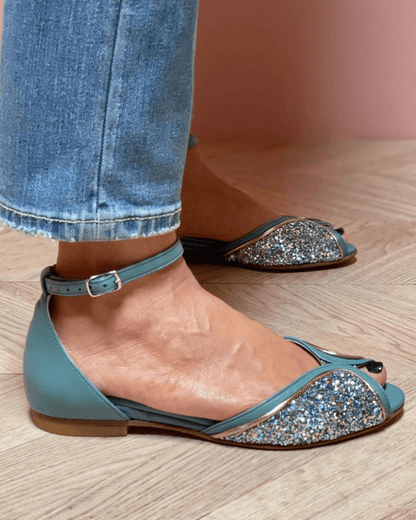 Funkelnde Peep-Toe-Sandalen mit Patchwork-Knöchelriemen und Schnallenverschluss