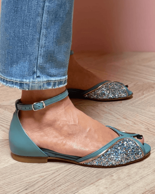 Funkelnde Peep-Toe-Sandalen mit Patchwork-Knöchelriemen und Schnallenverschluss