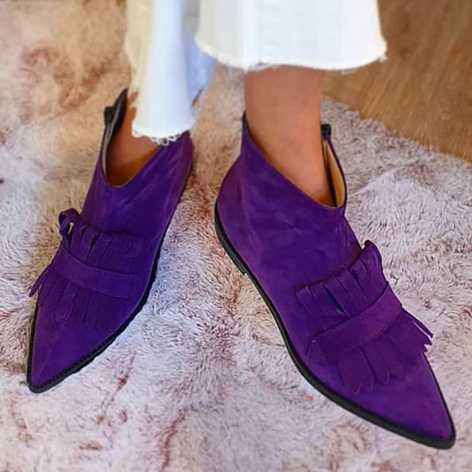 Lila Wildlederimitat-Stiefel mit Quasten und spitzem Zehenbereich