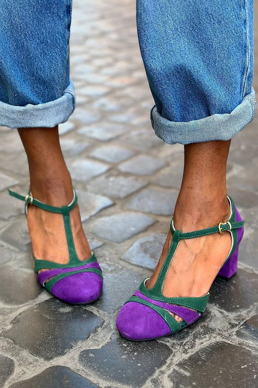 Lila Chunky Heels mit T-Riemen, Farbblock-Schnalle und runder Zehenpartie