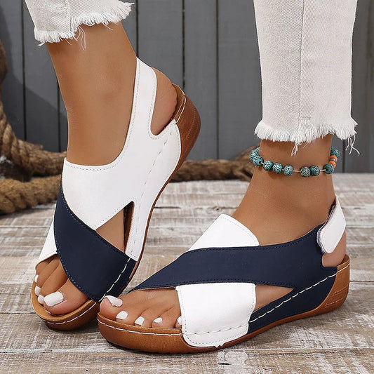 Farbblock Cut-Out Plateau Slingback Sandalen mit Magischem Riemen und Klettverschluss