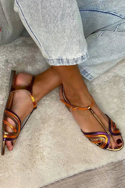 Bunte Peep-Toe-Sandalen mit goldfarbener T-Riemenschnalle