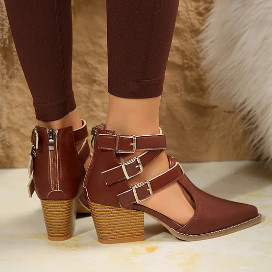 Einfarbige Schnallen-Kreuzriemen-Ankle Boots mit Spitzblockabsatz