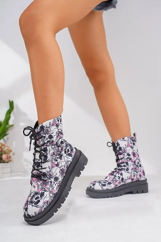 Bequeme Schnürstiefeletten mit runder Zehenpartie und Blumen-Schädel-Muster