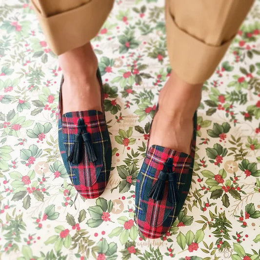 Karierte Retro-Loafer mit Quaste und runder Schuhspitze