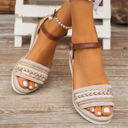 Woven Pattern Beaded Rhinestone Ankle Strap Buckle, Peep-Toe Wedge Sandals