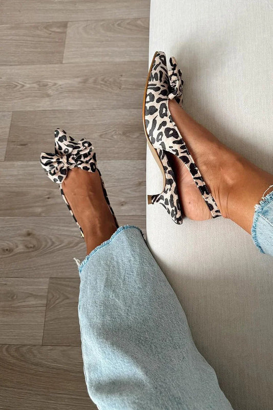 Beige Leopardenmuster Slingback mit spitzer Zehenpartie und Schleife - Kitten Heels [Vorbestellung]