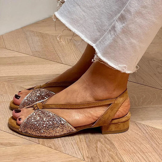 Braune Glitzer-Patchwork-Sandalen mit niedrigem Blockabsatz und offenen Zehen