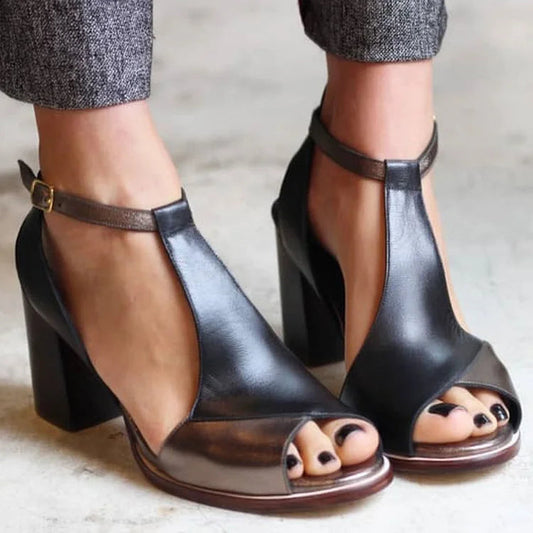 Schwarze Patchwork-Peep-Toe-Ankle-Straps mit Großen Absätzen