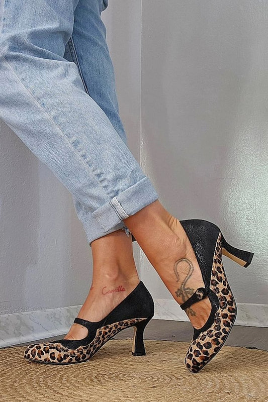 Leopardenmuster Patchwork Riemensandalen mit schwarzen klobigen Absätzen [Vorbestellung]