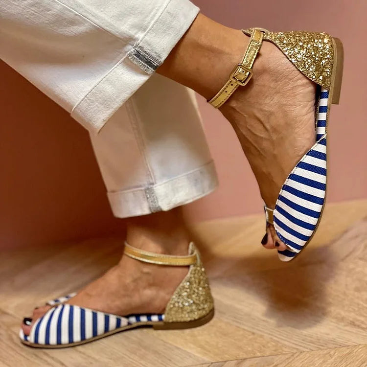 Blaues Farbblock-Peep-Toe-Glitzer-Sandaletten mit Knöchelriemen und Schnalle