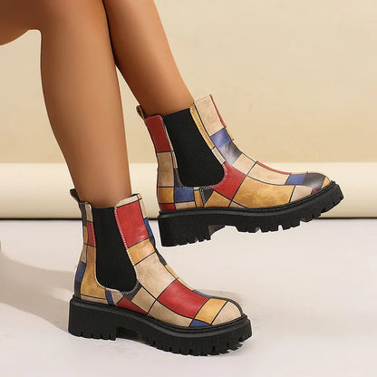 Mehrfarbige Patchwork-Stiefeletten mit robustem Absatz und runder Zehenpartie