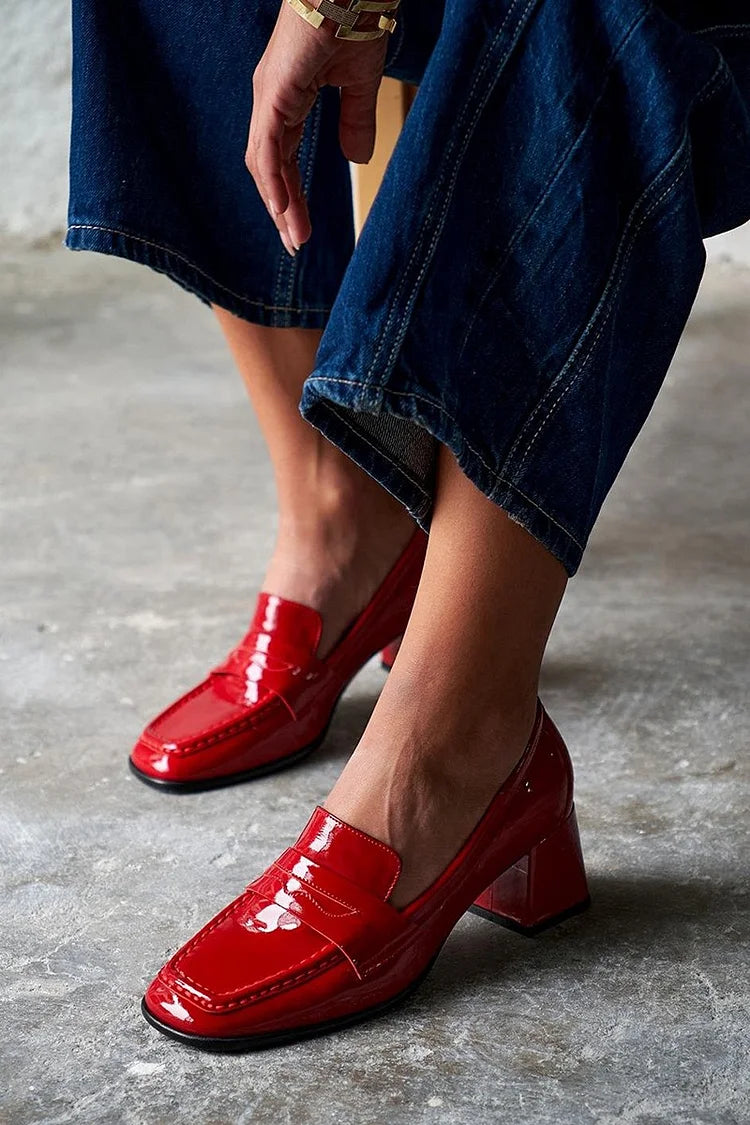 Rote, einfarbige, klobige Absatzschuhe mit quadratischer Zehenpartie im Patchwork-Design [Vorbestellung]