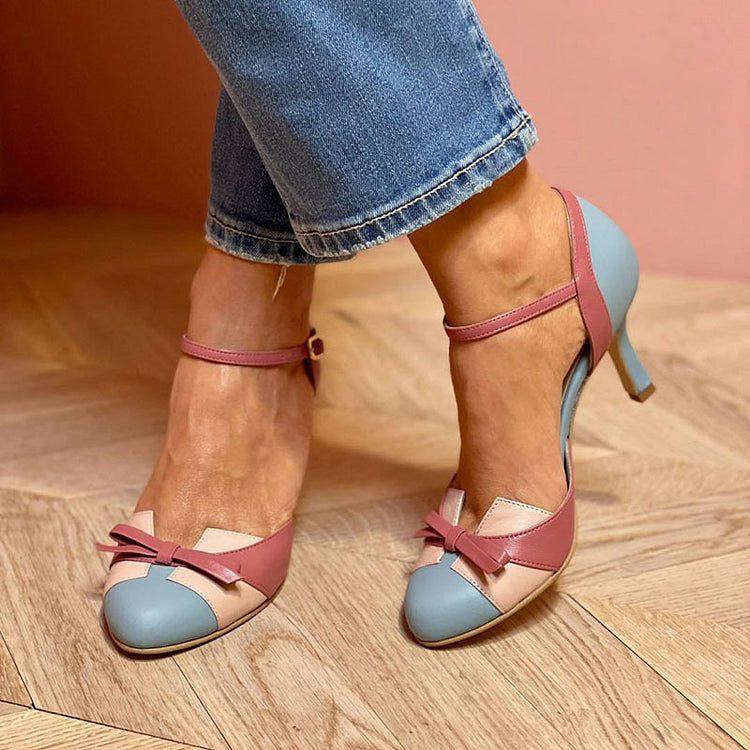 Farbblock-Stilettos mit Schleife, runde Zehenpartie und Knöchelriemen