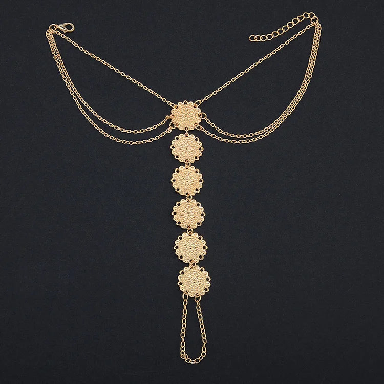 Boho-Fußkettchen mit Zehenring, Skulptur, Blumenscheibe und geschichteten Quasten