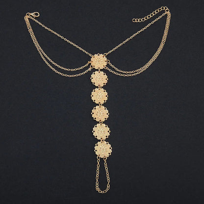Boho-Fußkettchen mit Zehenring, Skulptur, Blumenscheibe und geschichteten Quasten