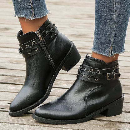 Patchwork-Ankle Boots mit spitzem Zehenriemen, Schnallendekor und niedrigem Blockabsatz