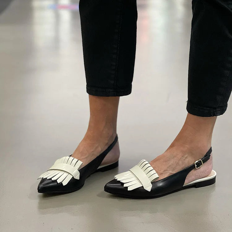 Retro Ballerinas mit Fransenbesatz und spitz zulaufender Zehe – Riemchen Slingback