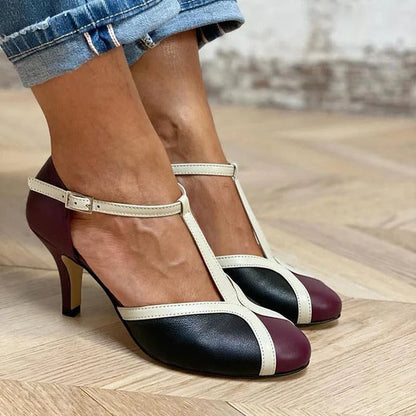Elegante T-Riemchen Stiletto-Pumps mit Kontrastfarben und Blockabsatz