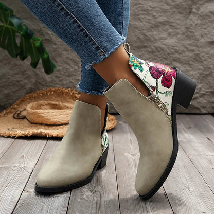 Blumenmuster Stiefeletten mit Patchwork-Reißverschluss und spitzem Zehenbereich