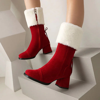 Festliche Farbblock-Stiefel mit kuscheligem Besatz, Schnürung, quadratischer Zehenpartie und robustem Absatz