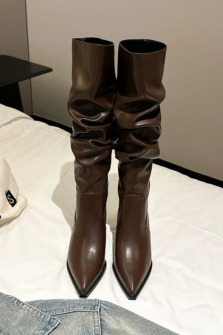 Kniehohe Stiefel mit spitzem Zehenbereich und einfarbigem Patchwork-Stiletto-Absatz