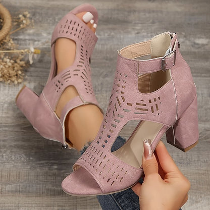 Schick Ausgehöhlte Knöchelriemen Peeptoe mit Schnalle und Schlichten Klobigen Absätzen