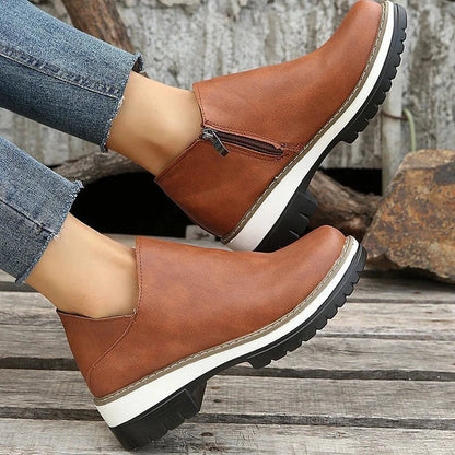 Patchwork-Ankle Boots mit runder Zehenpartie, klobigem Absatz und Reißverschluss – Lässige Stiefeletten