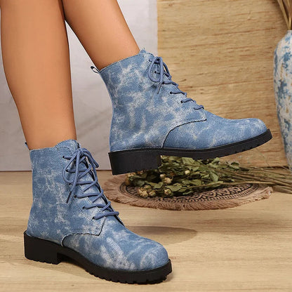 Runde Zehenpartie Denim-Stiefeletten mit Patchwork-Schnürung und robustem Absatz
