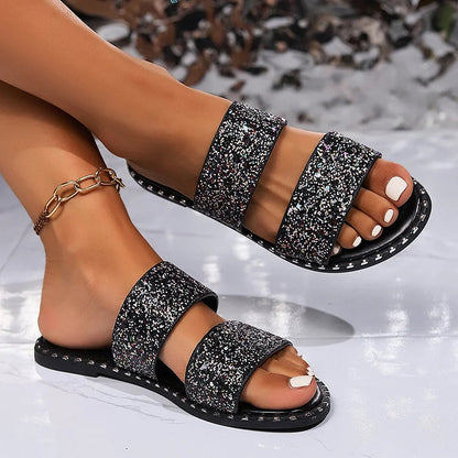 Bequeme, glitzernde Pailletten-Hausschuhe mit doppeltem Riemen und runder Zehenform