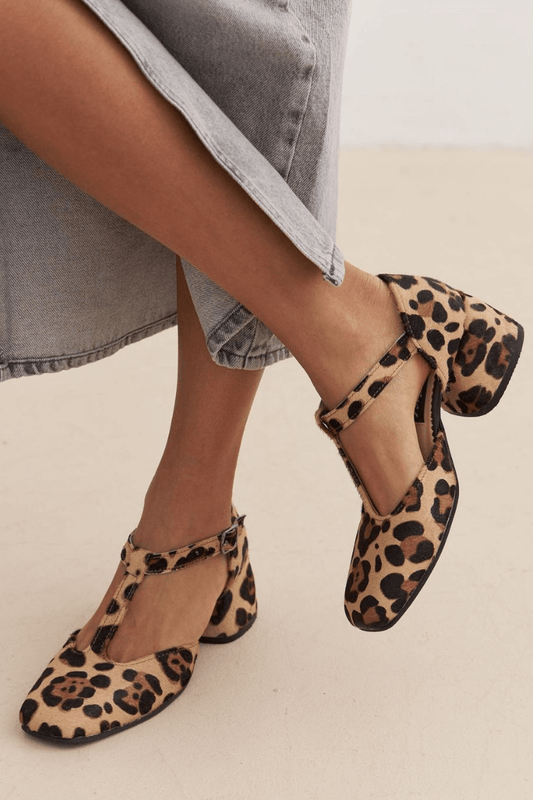Leopardenmuster T-Riemen Blockabsatzschuhe