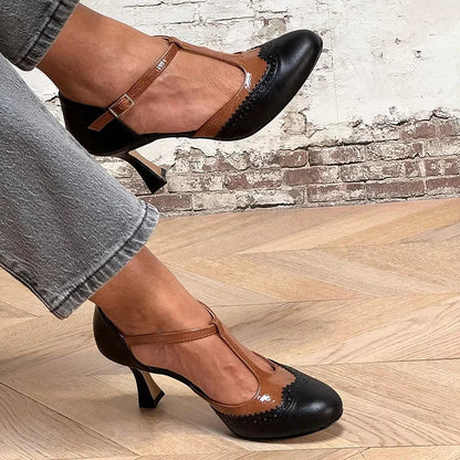 Schwarze Patchwork-Stiletto-Absätze mit T-Riemen, Schnalle und runder Zehenpartie