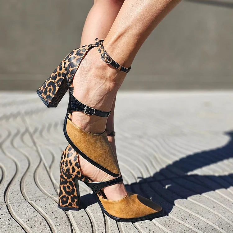 Khaki Farbblock-High Heels mit spitzem Zehenbereich und Leopardenmuster