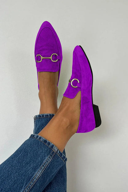 Elegante Metallic-Schnalle Spitz-Zehen Slip-On Ballerinas aus Kunstwildleder