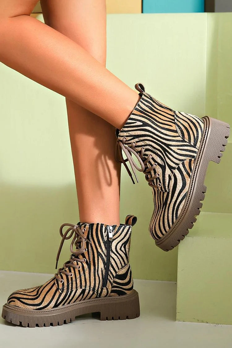 Zebramuster Schnür-Stiefeletten mit runder Zehenpartie im Patchwork-Design