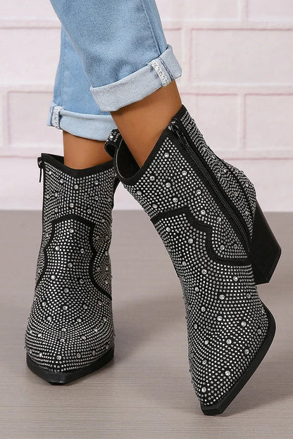 Stiefeletten mit Strassverzierungen, Patchwork-Reißverschluss und spitzem Zehenbereich
