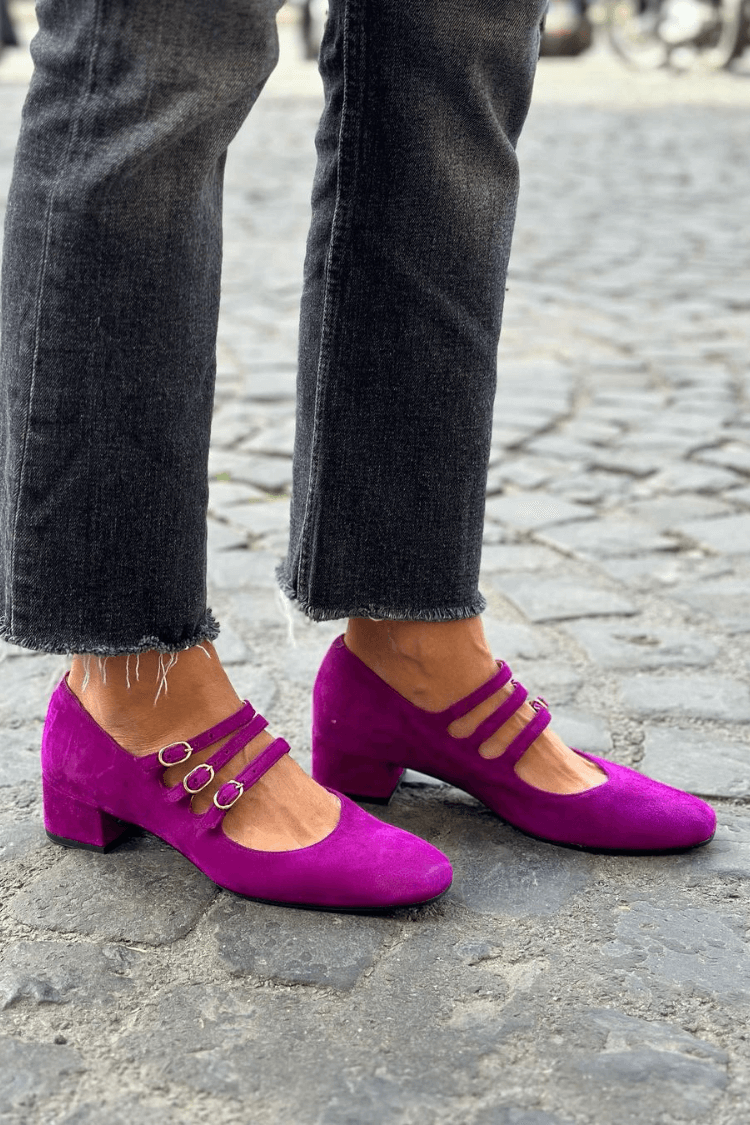 Lila Chunky High Heels mit Mehrfachriemen, Schnalle und eckiger Zehenpartie (2 Farben)